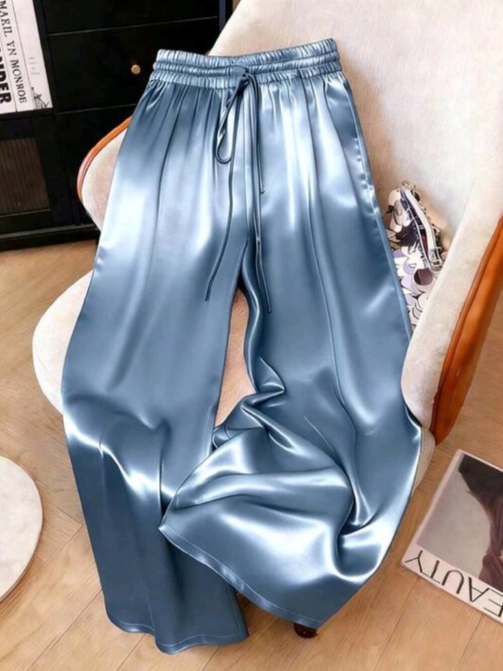 Solid Color Woven Fabric Drawstring Pants, Suitable For Holiday, School, Party